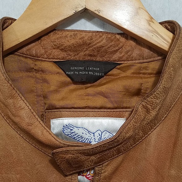 VTG Excelled Tan Genuine leather bomber jacket Distressed Zipper Pockets mens XL - Picture 3 of 12